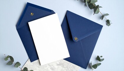 Elegant wedding invitation mockup with navy blue envelopes, a blank card for text, and fresh eucalyptus accents