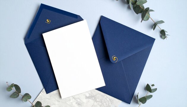 Elegant wedding invitation mockup with navy blue envelopes, a blank card for text, and fresh eucalyptus accents