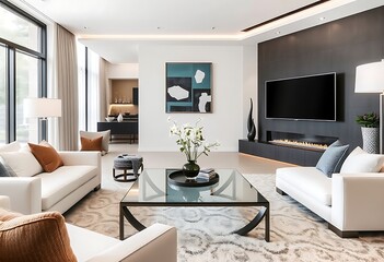 Fototapeta premium Modern Luxury Living Room Interior with Fireplace and Contemporary Decor