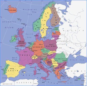 Vector political world map of europe. Geography fragment of european region with river, sea, country: france, germany, greece, poland, united kingdom, finland, sweden, norway, spain, portugal, romania