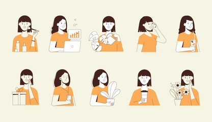 Multi scene girl character set. A versatile collection showing one stylish woman in 10 daily situations. Perfect for ads, blogs, apps, and commercial projects.