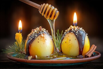 Honey-Dipped Apples with Candles, Nuts, and Chocolate, Lit, Warm Tones, Rustic Still Life, Festive Jewish New Year, Traditional Symbols
