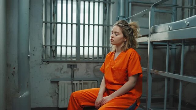 In a small prison cell, a young female inmate with messy blonde hair sits quietly, contemplating her situation surrounded by steel bunk beds and faded walls