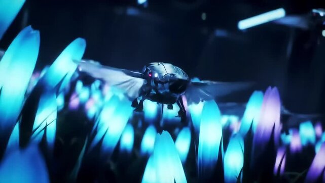 Futuristic Mechanical Insect with Glowing Blue and Purple Crystal Flora in a Dark, Sci-Fi Environment