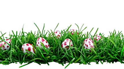 Colorful Easter eggs hidden in lush green grass on a spring day