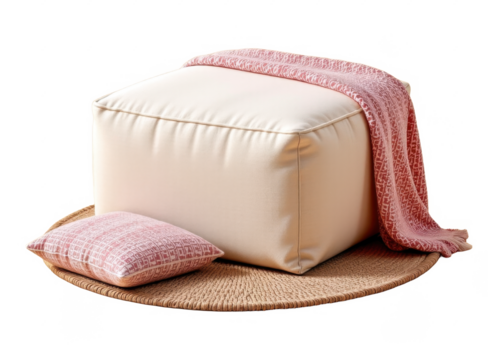 Comfortable meditation cushion with a soft pink throw and matching pillow on a round woven mat for relaxation yoga mindfulness and peaceful practice