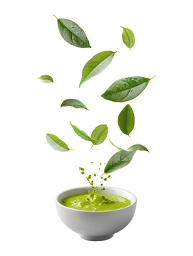 Flying falling green tea leaves with matcha bowl isolated on transparent or white background, png
