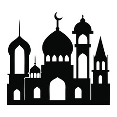 Minimalist Silhouette Mosque Building with Crescent Moon for Islamic Design Element