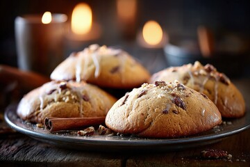 Warm-toned photo of pecan cookies with vanilla glaze on a dark metal plate, next to cinnamon sticks, set against a rustic wood table and candle lit background