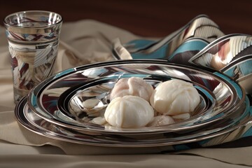 Elegant Still Life of Steamed Buns on Patterned Plates with Matching Glass, Warm Tones, Soft Lighting, Studio Shot, Delicate and Refined Presentation