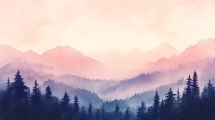 Serene watercolor landscape: misty mountains, tranquil forest, soft pink dawn.