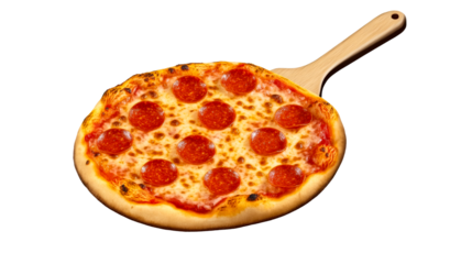 Delicious pepperoni pizza on a wooden peel ready to serve