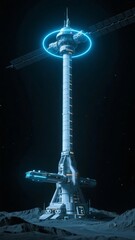Futuristic Space Tower with Illuminated Ring and Support Beams
