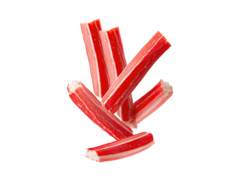 Flying falling surimi crab sticks isolated on transparent or white background, png