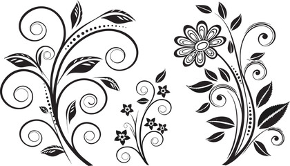 Obraz premium Ornamental design elements - a collection of ornate black and white floral vector elements. Each design should feature intricate swirls, curls, and botanical motifs such as leaves, vines, petals, and 