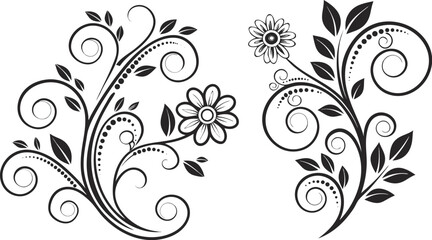 Ornamental design elements - a collection of ornate black and white floral vector elements. Each design should feature intricate swirls, curls, and botanical motifs such as leaves, vines, petals, and 
