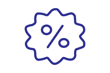 The image shows a dark blue outline icon of a percentage symbol (%) placed inside a stylized badge or starburst shape. This icon typically represents a discount, sale, promotion, or special offer.