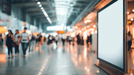 Fototapeta premium Modern Airport Digital Signage With Clean Branding Panel and Blurred Travelers in Busy Terminal Environment