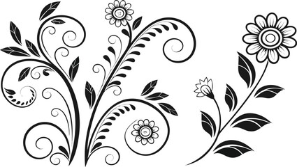 Ornamental design elements - a collection of ornate black and white floral vector elements. Each design should feature intricate swirls, curls, and botanical motifs such as leaves, vines, petals, and 