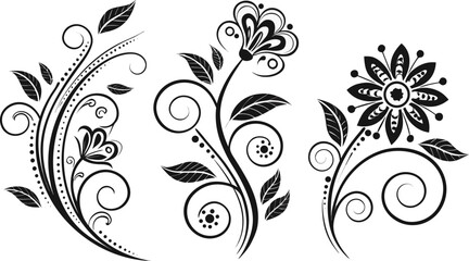 Ornamental design elements - a collection of ornate black and white floral vector elements. Each design should feature intricate swirls, curls, and botanical motifs such as leaves, vines, petals, and 