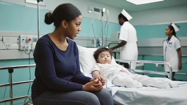 An anxious mother dressed modestly grips hand of her child in a busy emergency room filled with nurses attending to patients. The atmosphere is tense and urgent