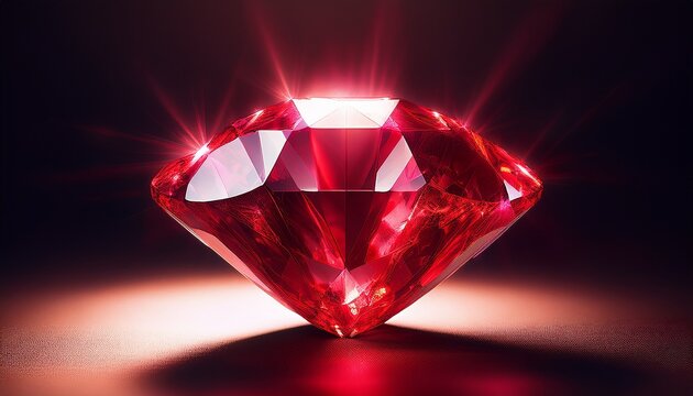 glowing red ruby gemstone with light refraction on dark background