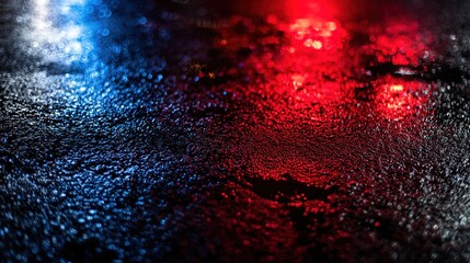 Dramatic blue and red light reflections on wet pavement in an atmospheric urban night scene.