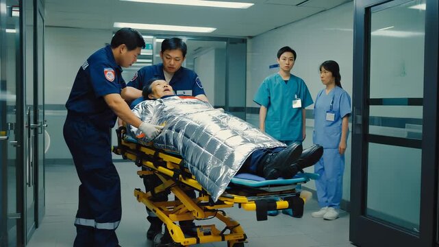 Medics gently lift an elderly patient covered with a thermal blanket on a stretcher in a hospital emergency room. Medical staff stand by the open glass doors, ready to assist