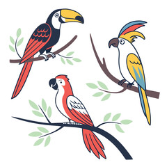 Flat color tropical bird icons featuring a parrot