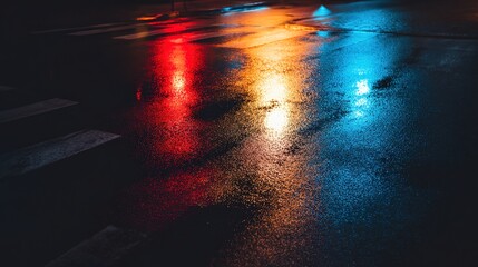 Dramatic blue and red light reflections on wet pavement in an atmospheric urban night scene.