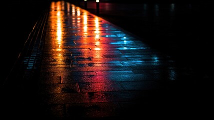 Dramatic blue and red light reflections on wet pavement in an atmospheric urban night scene.
