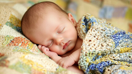 A sleeping baby wrapped in a colorful blanket, with a soft, textured blanket in the foreground and a patterned blanket in the background.