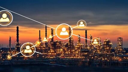 Industrial skyline at sunset with connected people icons representing networking in the oil sector