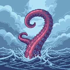 Fototapeta premium Pixel Art Octopus Tentacle Emerging from Water.