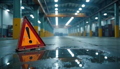 Slippery Floor Industrial Accident near Puddle, Warning Sign on Wet Floor for Workplace Safety Blogs, Health and Safety Websites, Awareness Campaigns, and Education
