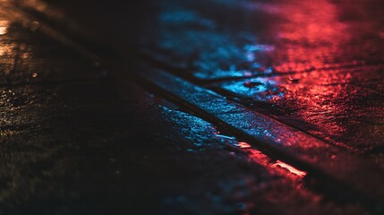Dramatic blue and red light reflections on wet pavement in an atmospheric urban night scene.