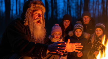 Obraz premium An Elderly Bearded Man Captivates a Family with a Magical Story Around a Warm Winter Campfire at Dusk.