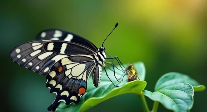 Zebra Swallowtail Butterfly caring for baby caterpillar on leaf in 4K Ultra HD wildlife video with professional visuals and ambient forest audio

