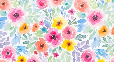 Watercolor Floral Pattern with Pink Orange and Yellow Flowers for Textile Prints and Spring Decor Springtime Watercolor Background