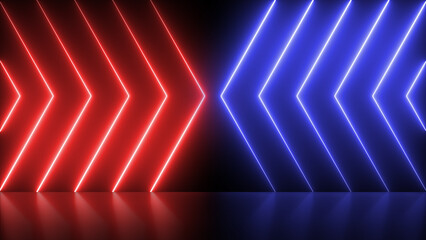 Red and blue neon arrow lights background with glowing chevron pattern effect 