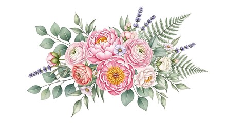 Watercolor Floral Arrangement with Pink Peonies Roses Lavender and Ferns on White Background for Wedding and Invitation Designs