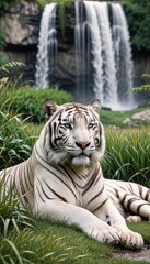 White tiger lies on grass against waterfall