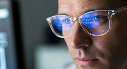 Close-up of a man wearing glasses reflecting a computer screen with blue hues and a focused gaze in low-key lighting.