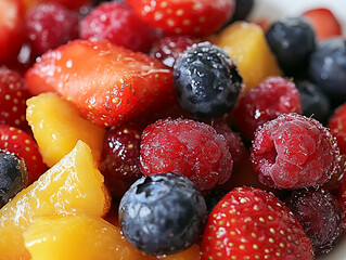 A vibrant, close-up shot of a fruit salad, bursting with fresh strawberries, blueberries, raspberries, and mango chunks, glistening with juice.