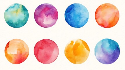 Eight vibrant watercolor circles: abstract Easter egg design, spring palette.