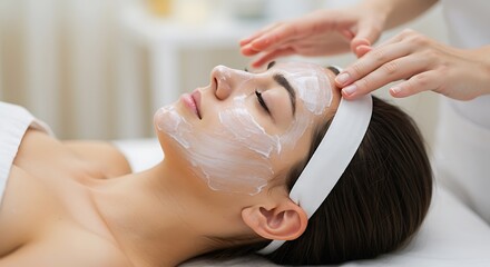 Naklejka premium Woman receiving a facial treatment with a white mask.