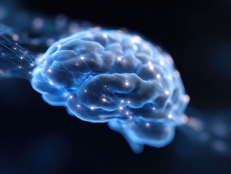 Conceptual image of a glowing digital brain expanding into a vast network, AI scalability. Growth, intelligence. Blue, ethereal.