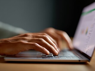 Close-up of hands typing rapidly on a minimalist laptop, focused on data analysis in a quiet home office. Productivity, remote work.