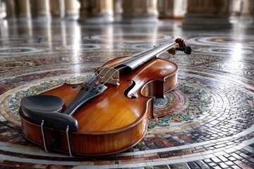 Fototapeta premium Violin resting on intricate mosaic floor in historic building