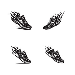 Flame Trail Sneaker Set, Dynamic Running Shoe Icons in Motion Sequence for Fitness